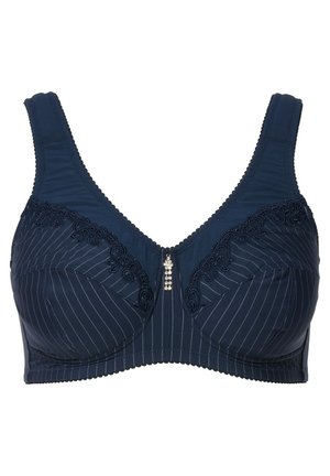 Navy-blauer BH mit Streifenmuster, Spitzenakzenten am Ausschnitt und einem kleinen dekorativen Schmuckstück in der Mitte. Verstellbare breite Träger.
