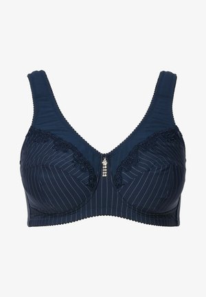 Navy-blauer BH mit Streifenmuster, Spitzenakzenten am Ausschnitt und einem kleinen dekorativen Schmuckstück in der Mitte. Verstellbare breite Träger.