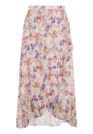 Ziedu raksta midi svārki, kas izgatavoti no viegla, caurspīdīga auduma ar lavandas, rozā un krēmkrāsas toņiem, piedāvājot plūstošu siluetu.