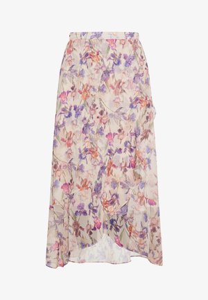 Fustă midi florală dintr-un material transparent și ușor. Are un amestec de flori roz, mov și crem; tiv ușor evazat cu design în stil drapat.