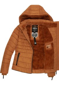 Doudoune brune avec un matelassage rayé, une capuche et une doublure douce et poilue. Comprend deux poches latérales et une étiquette intérieure de marque.