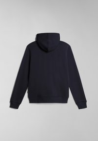 Felpa con cappuccio blu navy, maniche lunghe, polsini e orlo a coste. Tessuto liscio, senza loghi o motivi visibili.