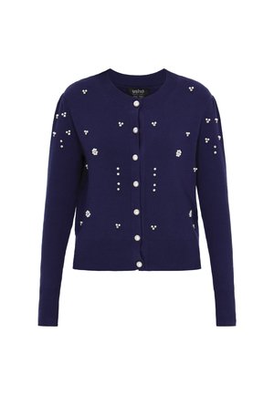 Marineblauer Cardigan mit langen Ärmeln, Rippstruktur, Rundhalsausschnitt und dekorativen, perlenähnlichen Verzierungen auf der Vorderseite. Fünf-Knopf-Verschluss.