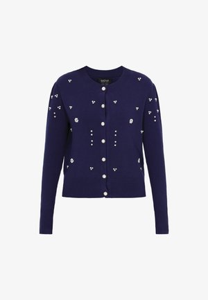 Cardigan blu navy con maniche lunghe, texture a costine, scollatura rotonda e decorazioni di embellishments simili a perle sul davanti. Chiusura con cinque bottoni.