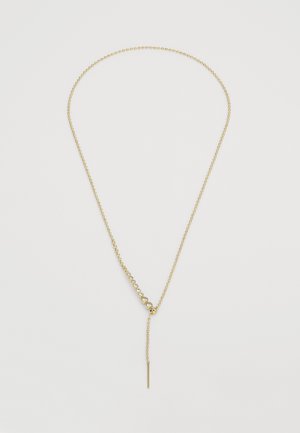 Zlatý náhrdelník s rovnomerne rozmiestnenými okrúhlymi a oválnymi drahokamami, ktorý má tvar Y a končí štíhlym, priamym pendantom.