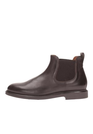Stivale Chelsea in pelle marrone con pannelli elastici laterali, texture liscia, punta rotonda e tacco basso a blocco.