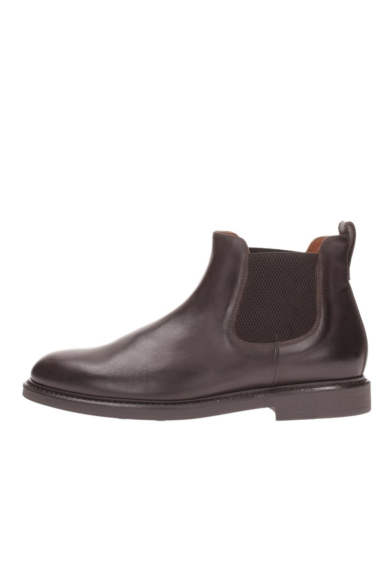 Stivale Chelsea in pelle marrone con pannelli elastici laterali, texture liscia, punta rotonda e tacco basso a blocco.