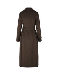Long brown wool coat with a smooth texture, a broad collar, and a detachable belt, featuring a straight silhouette and no visible fasteners.