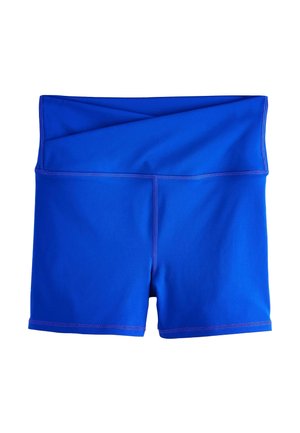 Blå atletikshorts med høj talje og foldet linning, med flatlock-sømme, designet til aktivt brug og komfort.