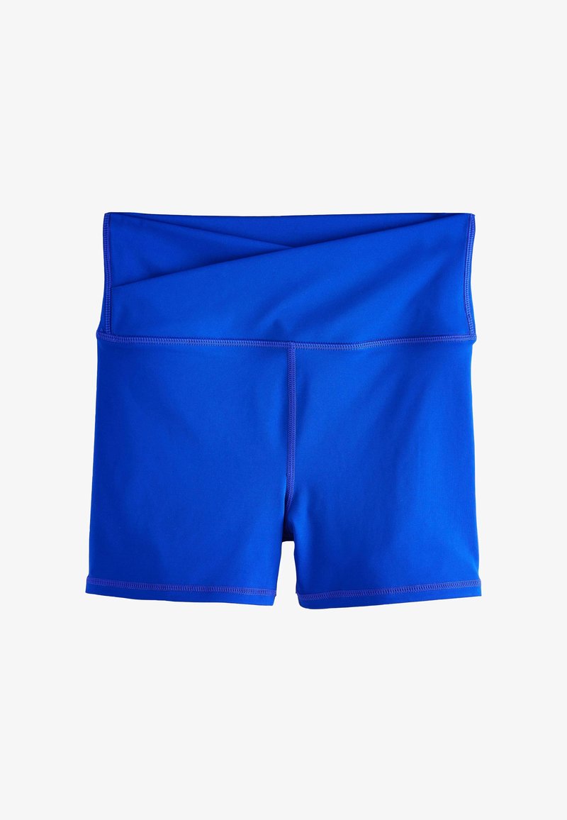 Shorts de sport bleu taille haute avec ceinture repliée et coutures flatlock, conçus pour l'activité sportive et le confort.