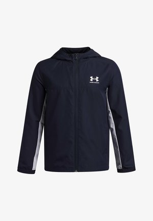 Navy blue windbreaker jacket with a hood, zip front, and Under Armour logo. Gray accents on the sides; smooth, lightweight fabric.