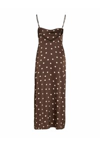 Rjava pikačasta obleka z naramnicami iz tankih trakov, z v-izrezom in ravnim krojem. Iz gladke tkanine, z bočnim razporkom na spodnjem robu.