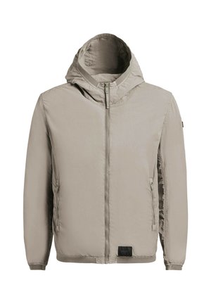 Světlý béžový kabát s kapucí, předním zipem, dvěma zipovými bočními kapsami a elastickými manžetami.