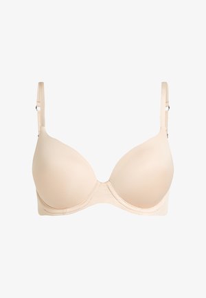 Beige smooth underwire bra with molded cups and adjustable shoulder straps on a white background.