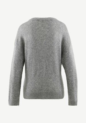 Pull en laine grise avec une coupe décontractée, un col rond et des manches longues. Caractéristiques : texture douce et poignets et ourlet côtelés.