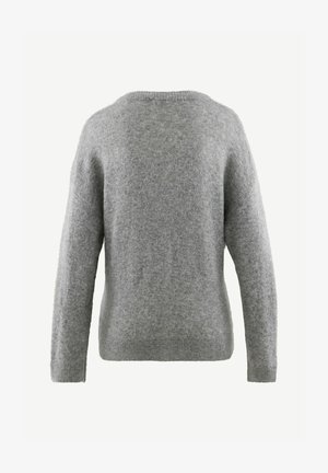 Grau gestrickter Pullover mit lockerer Passform, Rundhalsausschnitt und langen Ärmeln. Mit weichem Textil und gerippten Bündchen sowie Saum.