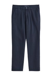 Pantaloni di cotone blu navy con frontale plissettato, quattro tasche e chiusura a bottone. Tessuto liscio e design con gamba affusolata.