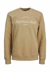 Beige sweatshirt with long sleeves, ribbed cuffs, and hem. Features white text reading "SARDINIA Marina club PREMIUM" across the front.