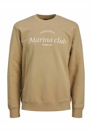 Beige Sweatshirt mit langen Ärmeln, gerippten Bündchen und Saum. Auf der Vorderseite befindet sich ein weißer Text mit der Aufschrift "SARDINIA Marina club PREMIUM".