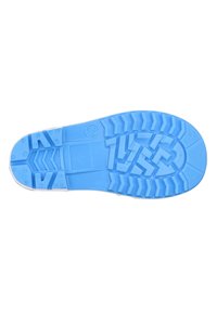 Semelle de chaussure en caoutchouc bleu avec un motif de grip texturé et des rainures profondes ; comporte une marque et un logo carré au centre.