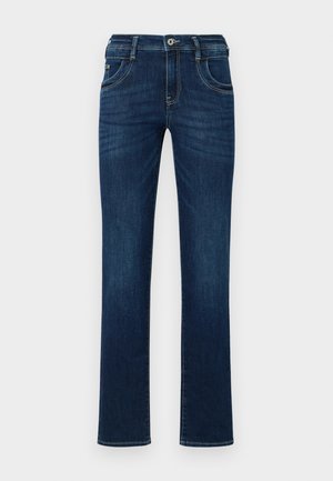 Dark blue denim jeans with a straight-leg cut, five-pocket design, and a standard button closure. Features subtle stitching details.