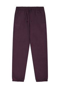 Paarse joggingsbroek van zachte stof, met een elastische tailleband met trekkoord, zijzakken en elastische boorden bij de enkels.