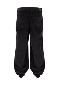 Pantalon large en velours côtelé noir avec poignets élastiques et deux poches arrière, vu de dos sur fond blanc.