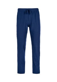 Navy blue elastic-waist pants with a drawstring, made from soft fabric, featuring a straight leg design and a smooth texture.