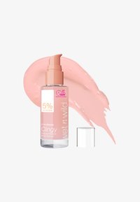 Przezroczysta szklana butelka z różowym kapslem pompkowym, zawierająca jasnoróżowy serum. Towarzyszy jej dopasowany różowy wzór produktu.