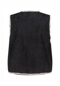 Zwarte suedewest met witte decoratieve stiksel langs de randen, weergegeven vanaf de achterkant op een plain witte achtergrond.