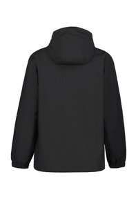 Sort hættetrøje med et enkelt design; har elastiske manchetter og en glat tekstur. Bagfra ses der ingen synlige lommer eller lukninger.