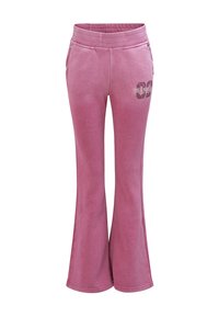 Różowe spodnie dresowe z rozszerzanymi nogawkami i elastycznym pasem, z nadrukowanym logiem na przodzie oraz dwoma bocznymi kieszeniami zapinanymi na zamek.