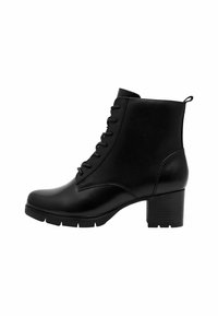 Bottines noires avec une texture en cuir lisse, un laçage à l'avant, un bout arrondi et un talon carré épais pour plus de hauteur et de stabilité.