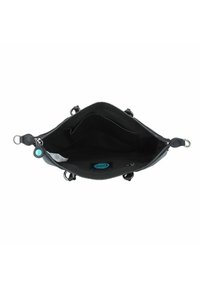 Borsa a tracolla in pelle nera con chiusura a zip, texture liscia e tasca interna. Presenta dettagli in hardware turchese e due manici per il trasporto.