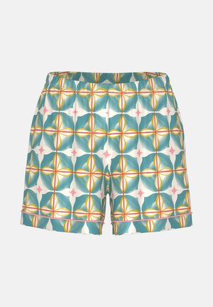 Shorts courts avec un motif géométrique coloré en bleu, jaune, rose et blanc, avec une taille élastique froncée.