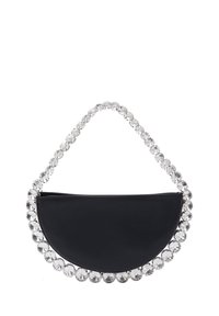 Fekete bőr félhold alakú clutch, kristályokkal díszített fogantyúval. Simább textúra, minimalista dizájn, és fényes díszítések a felső szélen.