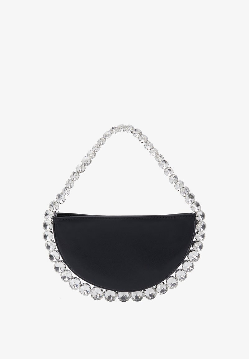 Mustahartakainen musta nahkajakkara puolikuun muotoisella laukulla, jossa on kristallikoristeinen kahva. Sujuva pinta, yksinkertainen muotoilu ja kiiltävät koristeet yläreunassa.