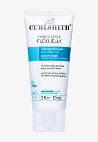 Curlsmith Hydro Style Flexi Jelly i en 59 mL tube. Glat, semi-mat og hvid med blå og sort tekst. Har en flip-top hætte.