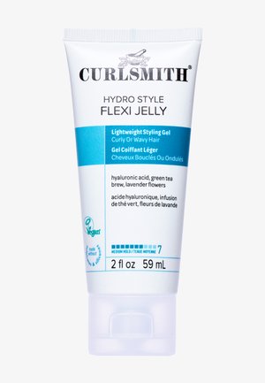 Curlsmith Hydro Style Flexi Jelly dans un tube de 59 mL. Lisse, semi-mat et blanc avec du texte bleu et noir. Il comprend un bouchon à clapet.