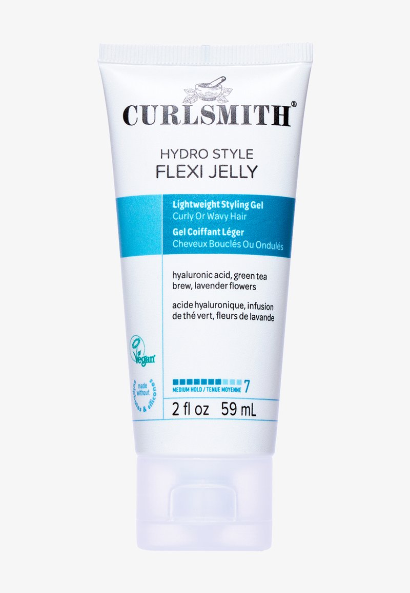 Curlsmith Hydro Style Flexi Jelly w tubce 59 ml. Gładki, półmatowy, biały z niebieskim i czarnym tekstem. Posiada wieczko na zatrzask.