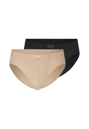 Two men's briefs, one beige in front and one black behind, both with elastic waistbands and minimal stitching details.