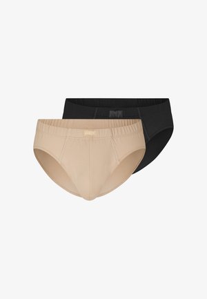 Zwei Herren-Slips, einer beige vorne und einer schwarz hinten, beide mit elastischem Bund und minimalen Nahtdetails.