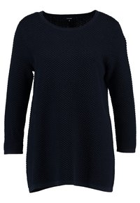 Granatowy sweter z długim rękawem o teksturowanym wzorze, z okrągłym dekoltem i zaokrąglonym dołem. Wykonany z miękkiej, dzianinowej tkaniny.