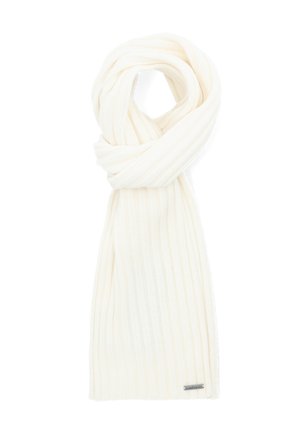 Prążkowany biały szalik wykonany z miękkiego materiału o subtelnej poświacie. Posiada złożony fason oraz małą metkę z logo na końcu.
