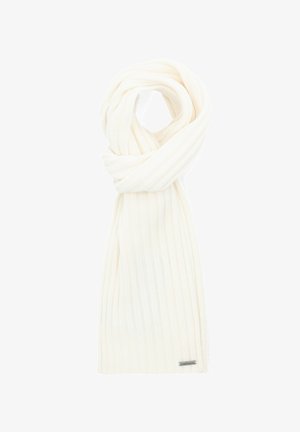 Prążkowany biały szalik wykonany z miękkiego materiału o subtelnej poświacie. Posiada złożony fason oraz małą metkę z logo na końcu.