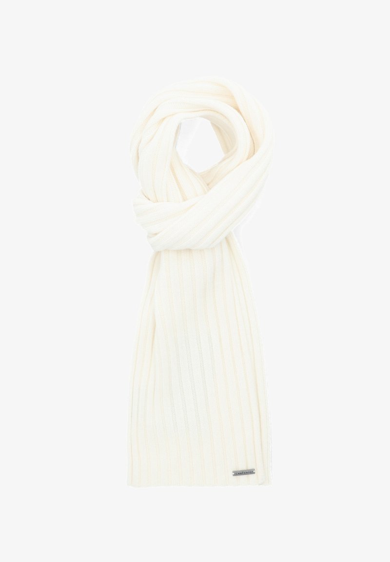 Prążkowany biały szalik wykonany z miękkiego materiału o subtelnej poświacie. Posiada złożony fason oraz małą metkę z logo na końcu.