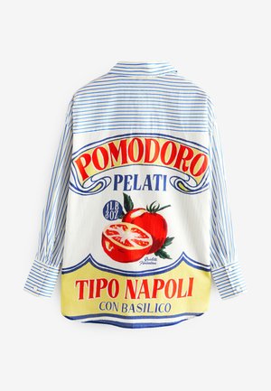 Pogas aiztaisāma krekla krekls ar krāsainu tomātu grafiku, zilas un baltas svītrains audums un tekstu "Pomodoro Pelati Tipo Napoli".