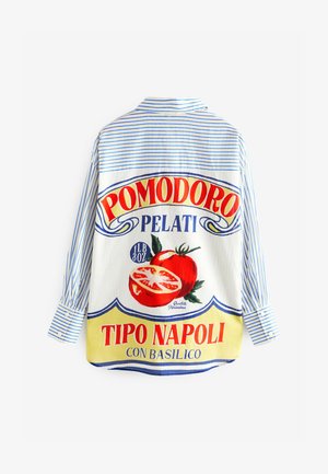 Button-up shirt featuring a colorful tomato graphic, striped blue and white fabric, and text reading "Pomodoro Pelati Tipo Napoli."