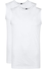 Twee witte katoen tanktops zonder mouwen met een ronde halslijn, een gladde textuur en zonder zichtbare patronen of graphics.