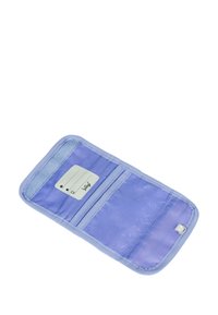 Purple fabric wallet with a soft texture, featuring a clear ID slot, two card pockets, and a snap closure. No exterior elements visible.